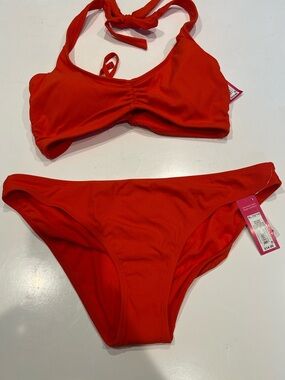 NEW Xhilaration Women's Orange Ribbed Halter Cheeky Bikini Set Size Xl